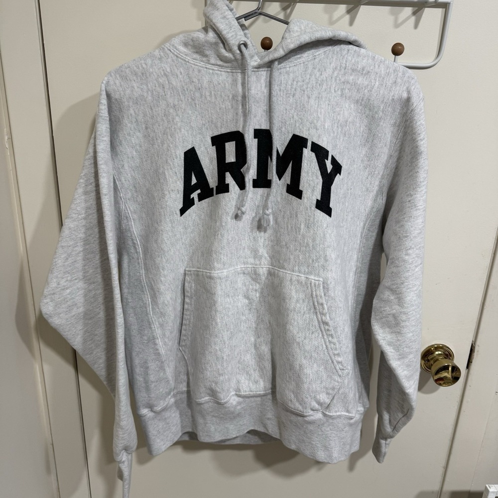 Champion Reverse Weave Army Sweatshirt Men's Size Medium Gray Long Sleeve Hoodie